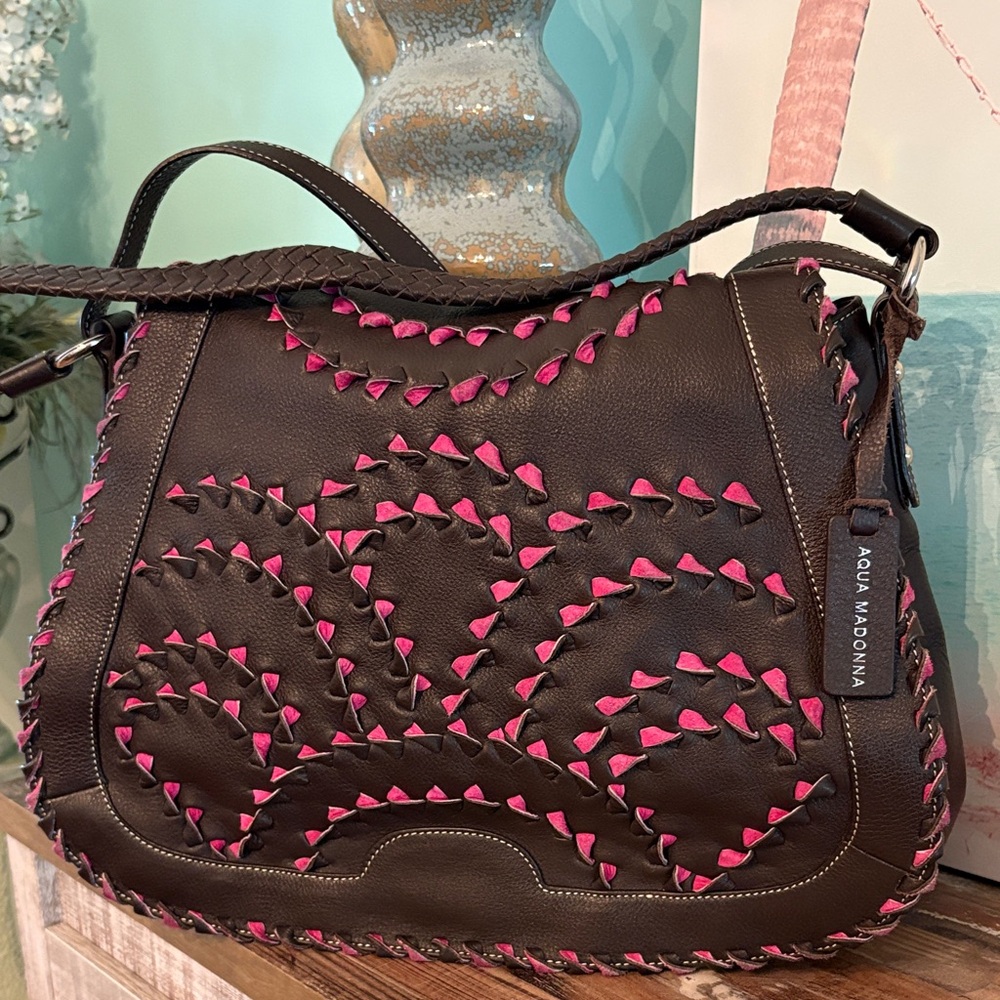Aqua Madonna brown leather Shoulder Bag with Pink Accents beautiful condition